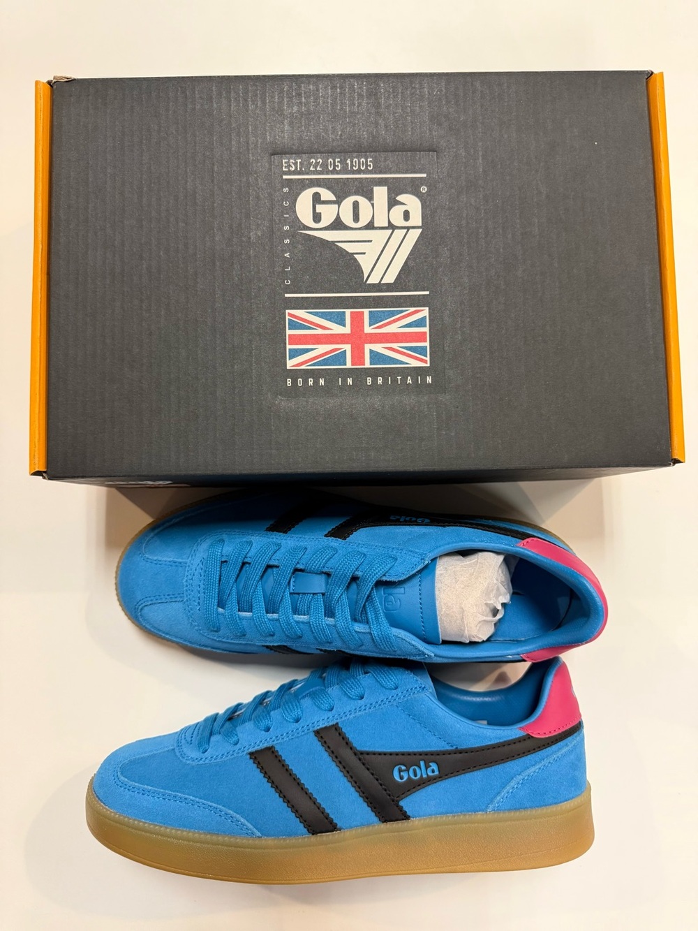 Gola Blue Suede Sneakers with Black Stripes & Pink Heel Tab